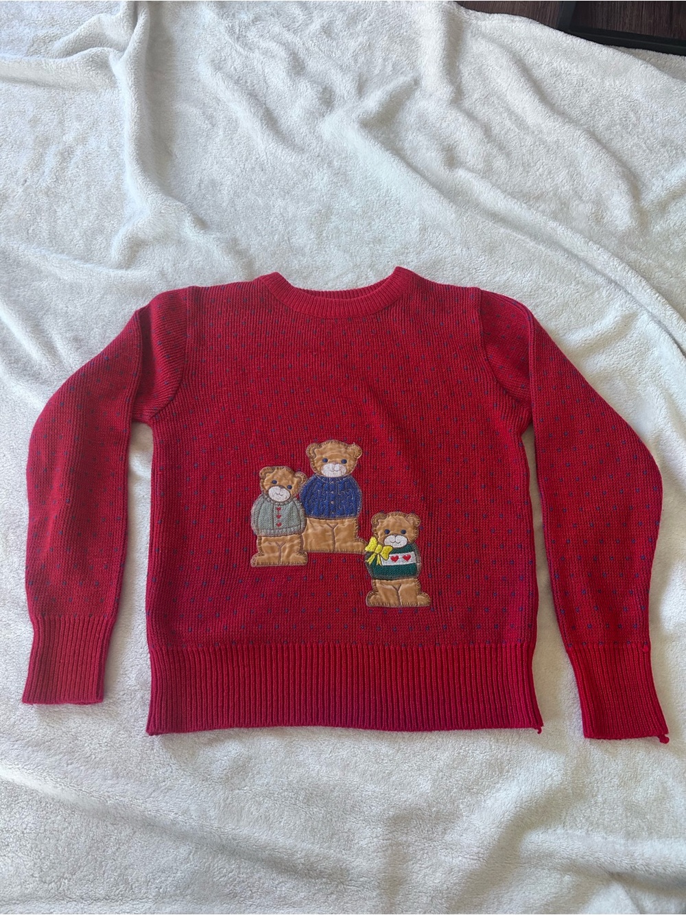 The Eagle’s Eye Vintage Kids Red Knit Crewneck Sweater with Teddy Bear Appliqués